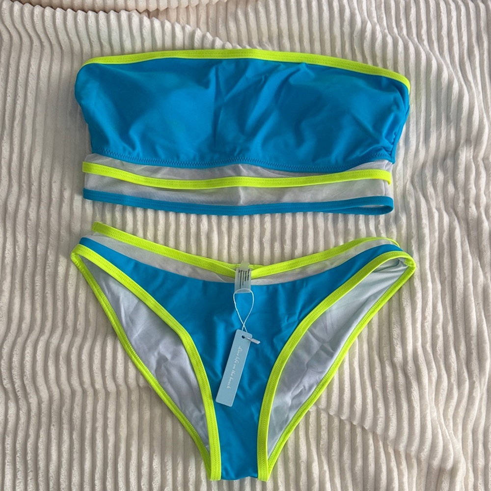 Cupshe Blue and Neon Green Bikini Set